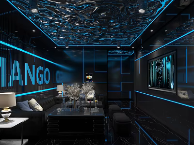 Modern KTV Lounge Interior With Black Walls Blue Lighting Sofa Coffee Table And Wall Art 3d model