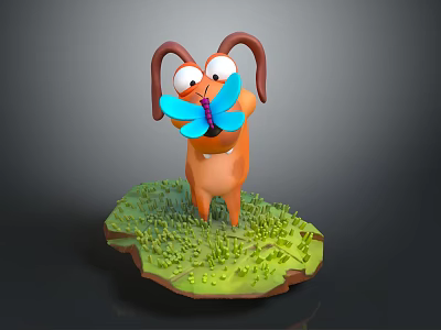 Cartoon Dog with Brown Ears and Orange Body Holding Blue Butterfly on Green Grass Platform 3d model