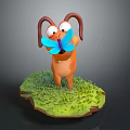Cartoon Dog with Brown Ears and Orange Body Holding Blue Butterfly on Green Grass Platform
