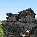 Modern Two Story Sales Office Building With Pool Lounge Chairs And Greenery