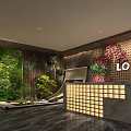 Hotel Lobby Interior Featuring Green Vertical Plant Wall Red Floral Decoration Logo And Marble Floor