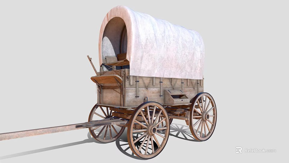 Traditional Wooden Covered Wagon With White Canvas Top And Spoked Wheels 3d model 