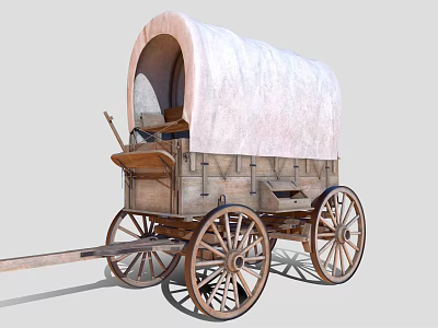 Traditional Wooden Covered Wagon With White Canvas Top And Spoked Wheels 3d model