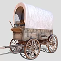 Traditional Wooden Covered Wagon With White Canvas Top And Spoked Wheels
