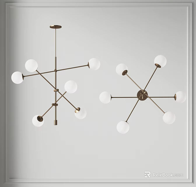 Contemporary Modern Spherical Chandelier With White Globe Shades And Brass Metal Branch Design 3d model 