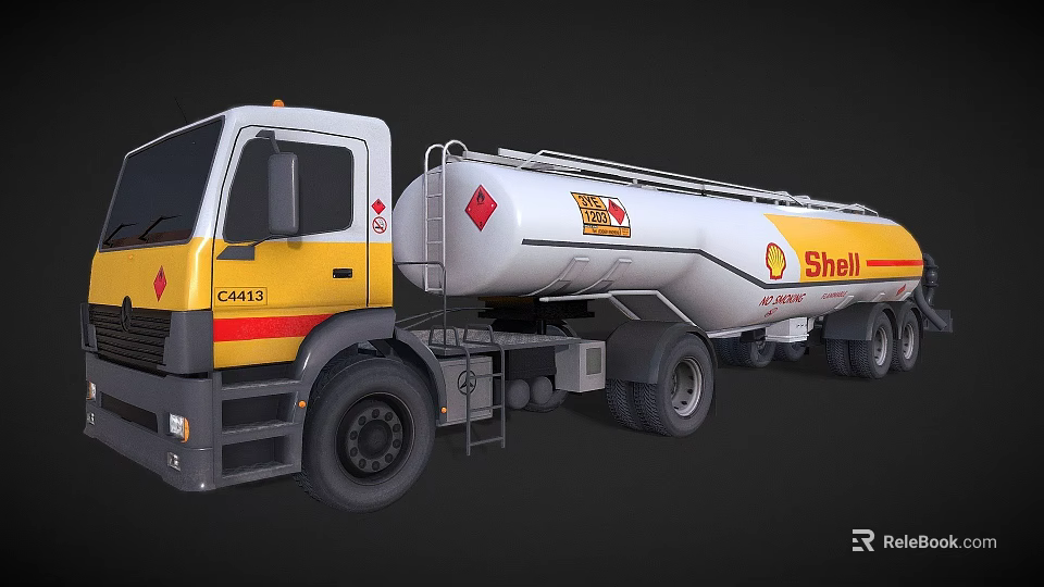 Shell Branded Fuel Tanker Truck With White Yellow Livery And Cylindrical Tank 3d model 