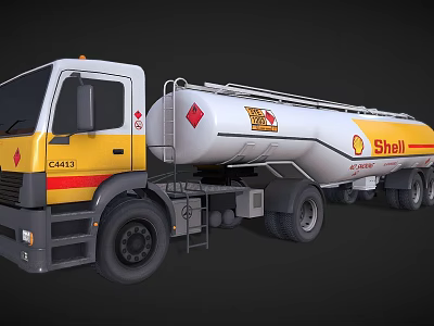 Shell Branded Fuel Tanker Truck With White Yellow Livery And Cylindrical Tank 3d model