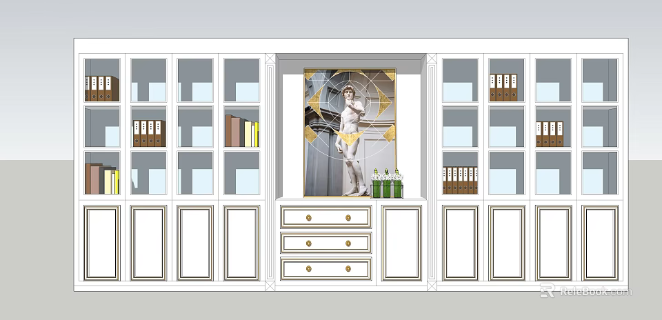 Modern White Bookcase Interior With Glass Doors Display Shelves Drawer Cabinet And Decorative Painting 3d model 