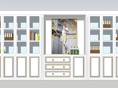 Modern White Bookcase Interior With Glass Doors Display Shelves Drawer Cabinet And Decorative Painting 3d model