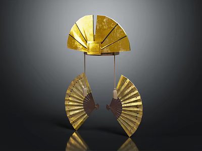Golden Fan Shaped Pendant With Upper Decorative Part And Two Small Hanging Fans 3d model