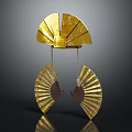 Golden Fan Shaped Pendant With Upper Decorative Part And Two Small Hanging Fans