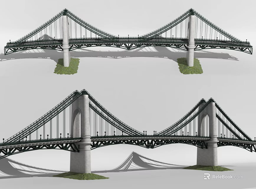 Modern Suspension Bridge Structure With Tower Cables Deck Piers And Design Elements 3d model 