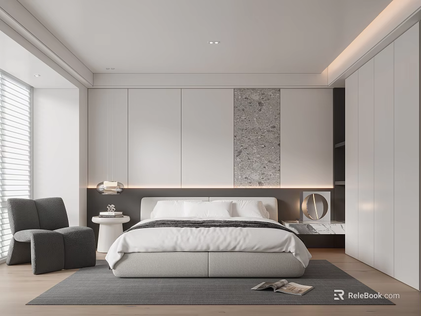 Modern Bedroom Interior With King Bed White Wardrobes Textured Panel And Armchair On Rug 3d model 