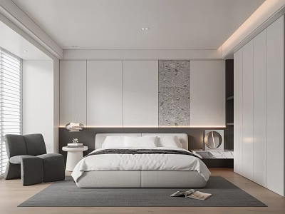 Modern Bedroom Interior With King Bed White Wardrobes Textured Panel And Armchair On Rug 3d model