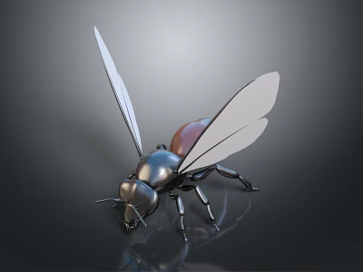 Metallic Bee with Silver Body Red Abdomen and Transparent Wings on Black Background with Reflections 3d model
