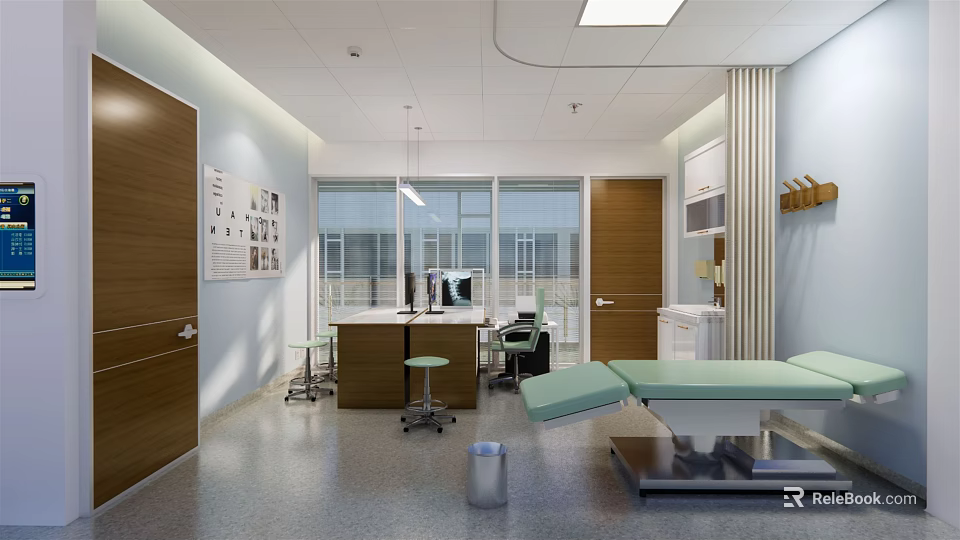 Clinical Examination Room Interior With Green Table Wooden Doors And Large Windows 3d model 