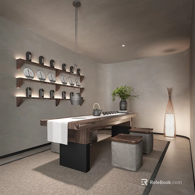 Modern Tea Room Interior With Long Wooden Table Tea Sets Shelves With Plates And Jars 3d model 