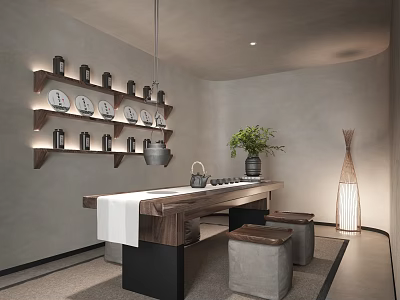 Modern Tea Room Interior With Long Wooden Table Tea Sets Shelves With Plates And Jars 3d model