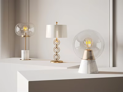 Stylish Modern Table Lamps With Transparent Shades Gold Frames And Marble Bases 3d model