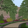 Tranquil Residential Landscape With Tall Buildings Trees Flowers Gazebo Pathway And People Walking
