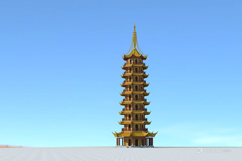 Golden Multi Tiered Pagoda With Traditional Design And Spire Top Against Blue Sky 3d model 