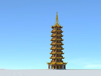 Golden Multi Tiered Pagoda With Traditional Design And Spire Top Against Blue Sky 3d model