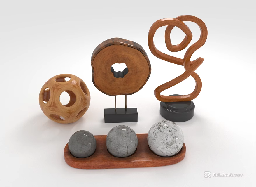 Decorative Furniture Accessories Featuring Wooden Ornaments and Stone Balls in Various Shapes 3d model 