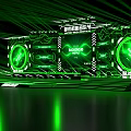 Modern Smart Stage Design with Green Dynamic Lighting Effects and Printed Backdrop