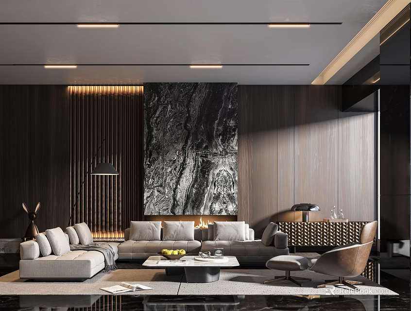 Modern Living Room With Large Decorative Painting Wooden Walls And Sofa Set 3d model 