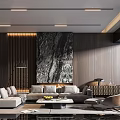 Modern Living Room With Large Decorative Painting Wooden Walls And Sofa Set