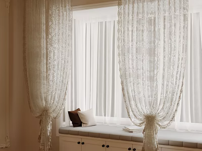Elegant White Lace Curtains With Window Bench Pillows And Books In Room 3d model