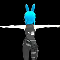 3D Animated Game Character With Blue Hair Rabbit Ears Black Orange Outfit And Arms Outstretched