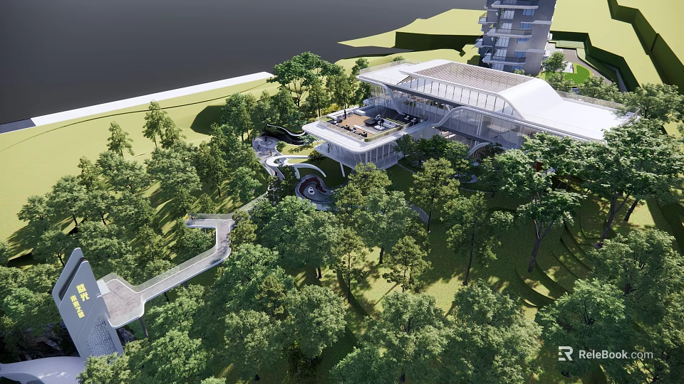 Modern Sales Office Building Surrounded By Lush Trees And Landscaped Walkways 3d model 