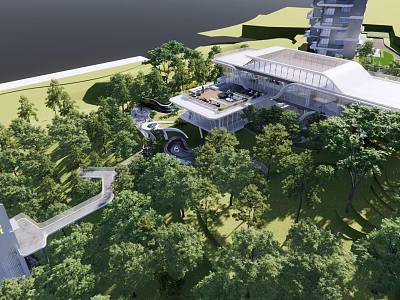 Modern Sales Office Building Surrounded By Lush Trees And Landscaped Walkways 3d model