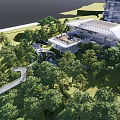 Modern Sales Office Building Surrounded By Lush Trees And Landscaped Walkways