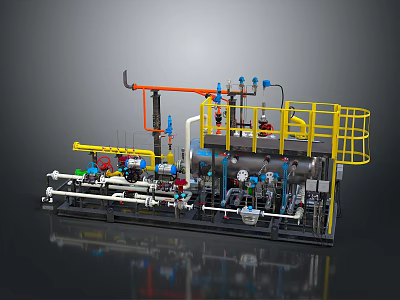 Industrial Machinery System With Piping Valves Gauges Yellow Safety Railing And Control Panel 3d model
