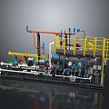 Industrial Machinery System With Piping Valves Gauges Yellow Safety Railing And Control Panel