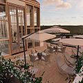 Modern Restaurant Exterior With Wooden Structure Large Windows Green Plants And Terrace Design