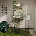Indoor Art Installation With Green Umbrella Bamboo Calligraphy And Green Plants