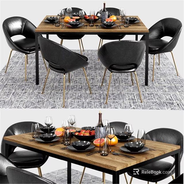 Wooden Dining Table And Black Chairs Set With Golden Legs Wine Glasses Fruits Plates 3d model 