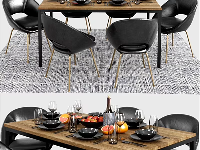 Wooden Dining Table And Black Chairs Set With Golden Legs Wine Glasses Fruits Plates 3d model