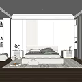 Modern Bedroom Interior With Platform Bed Decorative Wall And Storage Cabinets
