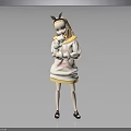 Cartoon Character With Small Black Horns Hugging White Kitten In Yellow Trimmed Hoodie
