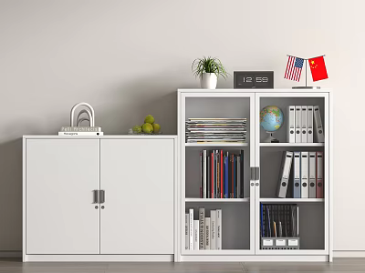 White Office Cabinet And Bookshelf With Books Binders Globe Plant Clock Flags And Fruits 3d model