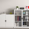 White Office Cabinet And Bookshelf With Books Binders Globe Plant Clock Flags And Fruits