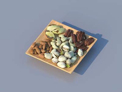 Healthy Assorted Nuts Including Pistachios Pecans And Almonds In Wooden Tray 3d model