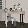 Modern Dressing Table Interior With Round Gold Frame Mirror White Countertop And Transparent Chair
