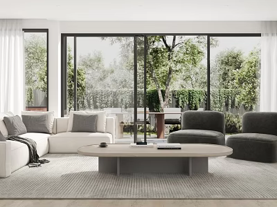 Modern Living Room Sofa Coffee Table Set With White Sofa Gray Armchairs Outdoor Greenery View 3d model