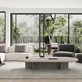 Modern Living Room Sofa Coffee Table Set With White Sofa Gray Armchairs Outdoor Greenery View