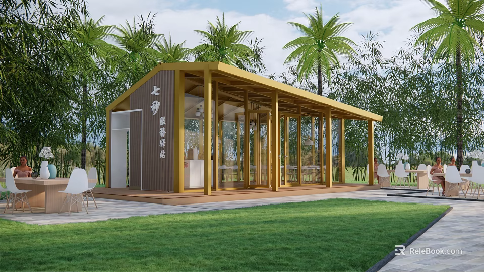 Sipunculid Worm Jelly Experience Store With Modern Wooden Glass Structure Among Palm Trees And Greenery 3d model 